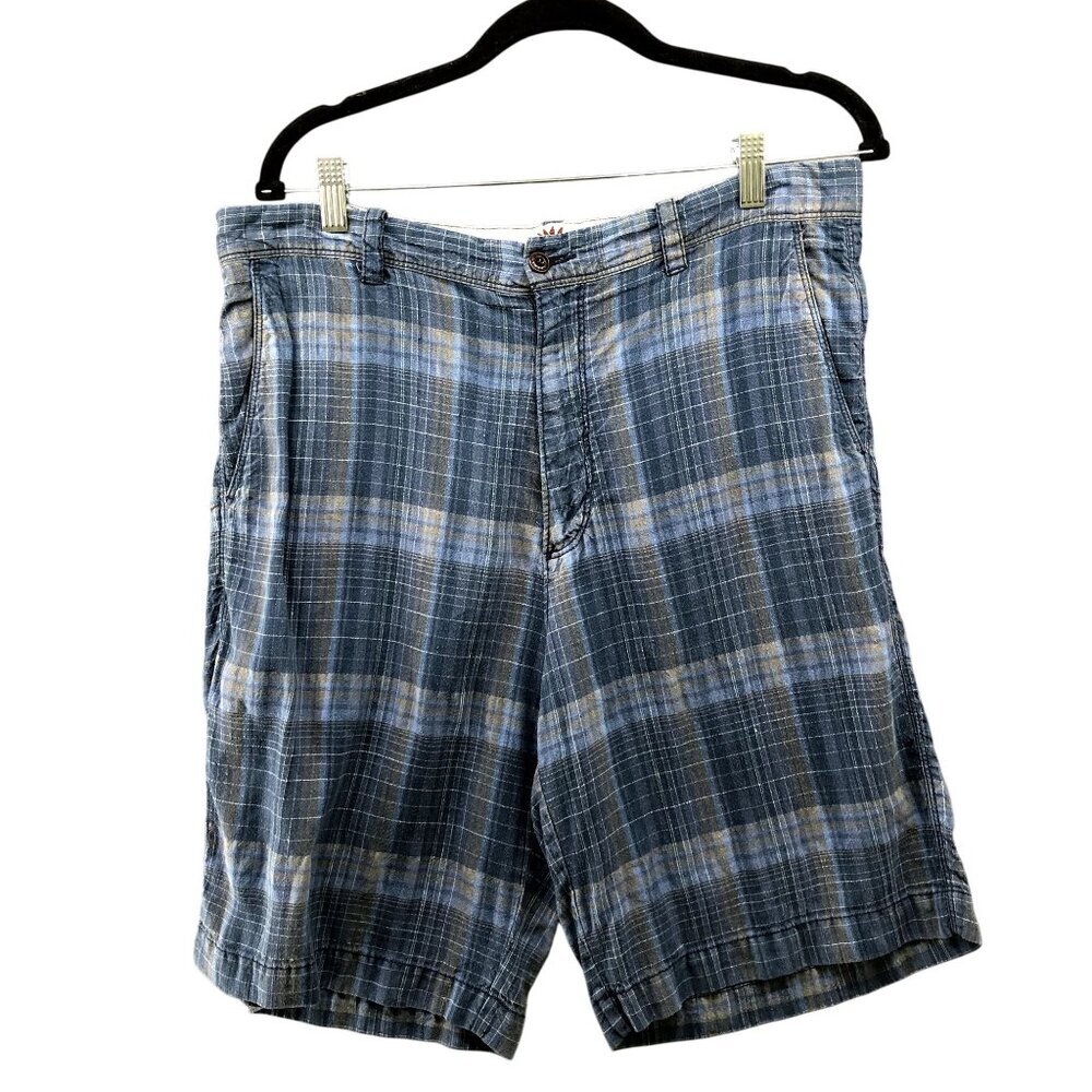 Tommy Bahama Silk Linen Shorts Mens Size 34 Blue Plaid 10'' Inseam Summer
